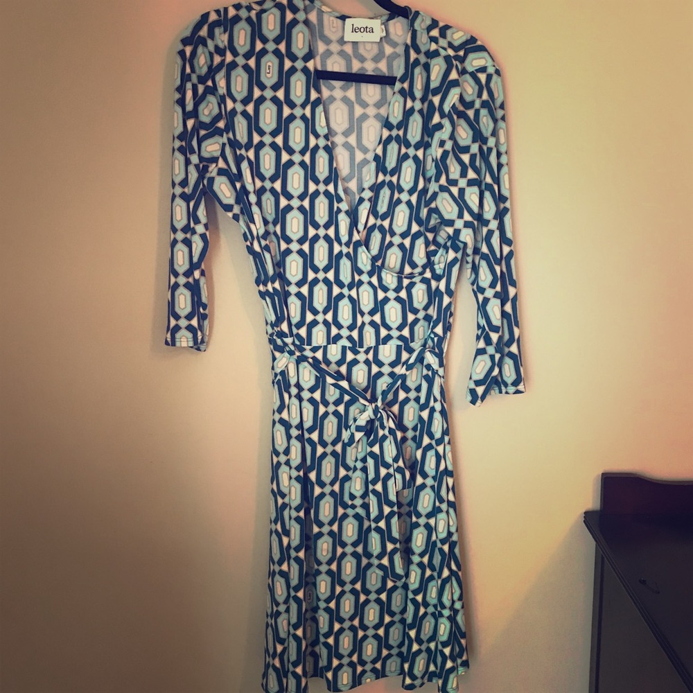 Leota faux-wrap dress in blue and green print